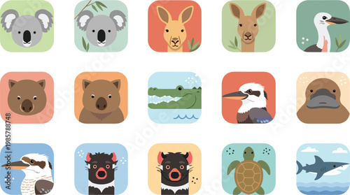 Flat Style Australian Wildlife Animal Face Icon Set Koala Kangaroo Wombat Kookaburra Turtle Shark Square App Icons Vector
