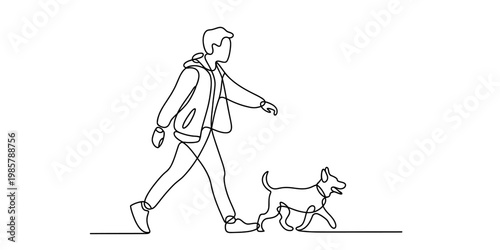 Minimalist continuous line drawing of a person walking their dog outdoors on a white background Vector, illustration