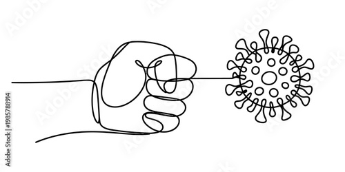 Minimalist continuous line art of a clenched fist punching a coronavirus cell on white background Vector, illustration