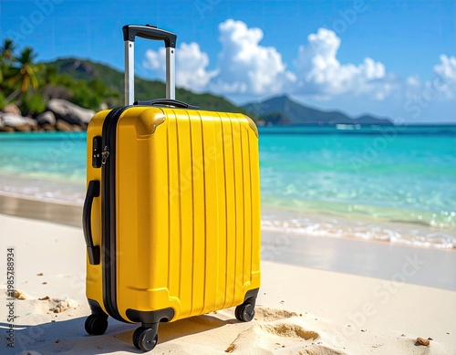 Wallpaper Mural Yellow suitcase on a sandy beach by a turquoise ocean Torontodigital.ca
