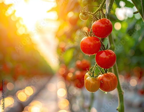 Wallpaper Mural Ripe tomatoes hanging in a greenhouse, sunlit Torontodigital.ca