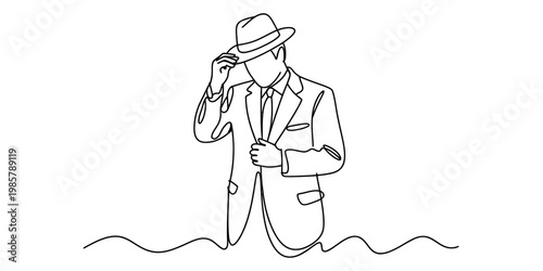 Continuous line drawing of a stylish man in a suit and fedora hat tipping his brim gracefully Vector, illustration