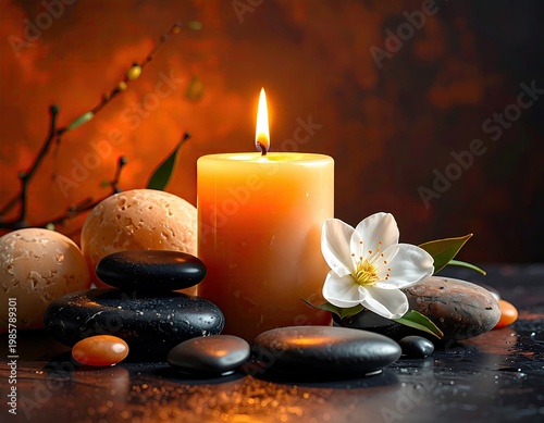 Wallpaper Mural Burning candle, flowers, and stones create calm scene Torontodigital.ca