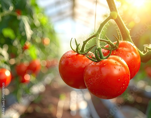 Wallpaper Mural Ripe tomatoes with water droplets in a sunny greenhouse Torontodigital.ca
