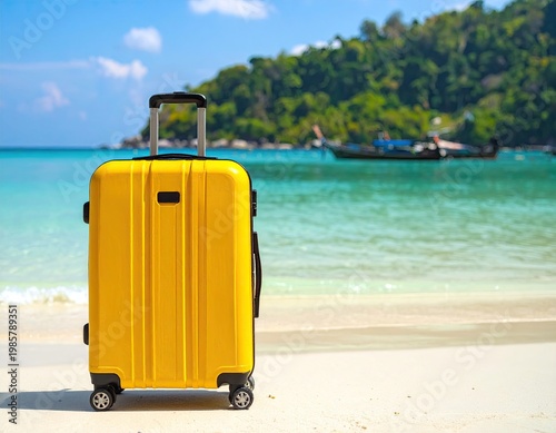 Wallpaper Mural A yellow suitcase on a beach with a tropical backdrop Torontodigital.ca