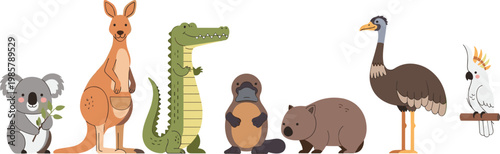 Cute Cartoon Australian Wildlife Animal Collection Koala Kangaroo Crocodile Wombat Emu and Cockatoo Vector Illustration Set
