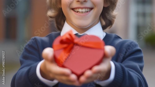 Young Boy Smiling and Offering Red Heart-Shaped Gift Box to Camera