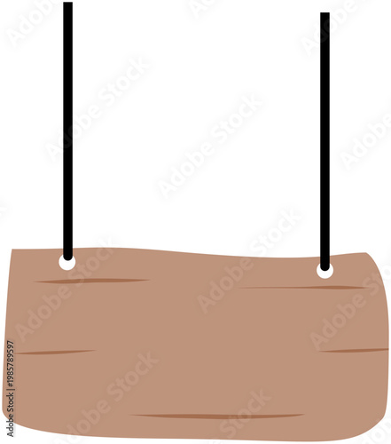 Blank rectangular wooden sign vector illustration graphic design with a natural textured brown plank hanging from two black ropes on a clean white background.