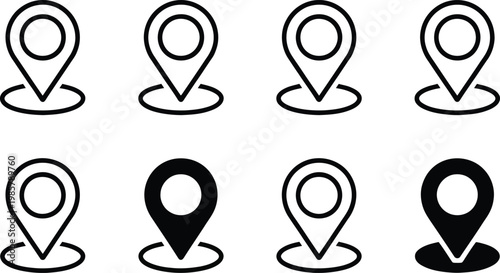 Map pin icon set with 8 location markers, minimalist GPS pointer symbols in outline and solid styles, navigation vector elements for web design