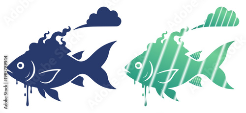 Two stylized fish illustrations with smoke and dripping elements, symbolizing pollution or transformation