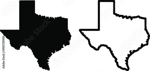 Texas state map silhouette and outline vector set, black solid shape and thin line border of Texas, isolated geographic icons for travel and business