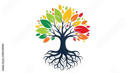 Colorful Tree of Life Illustration with Vibrant Leaves and Roots Representing Growth, Nature, and Vitality in Flat Vector Style