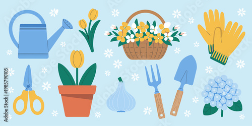 Illustrated collection of gardening tools and blooming plants arranged on a pastel blue background