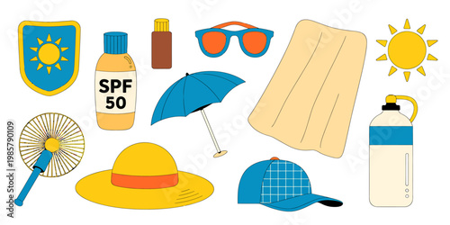 Collection of summer vacation and beach accessories including sunscreen and sun protection items