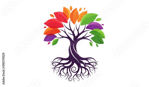 Colorful Tree of Life Illustration with Vibrant Leaves and Roots Representing Growth, Vitality, and Spirituality in Flat Vector Style