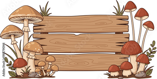 Rustic Wooden Blank Sign Board Surrounded by Wild Mushrooms and Grass Autumn Forest Nature Vector Illustration Banner
