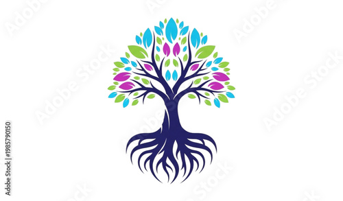 Vibrant Tree of Life Illustration with Blue and Green Leaves and Roots Representing Growth, Vitality, and Spiritual Balance