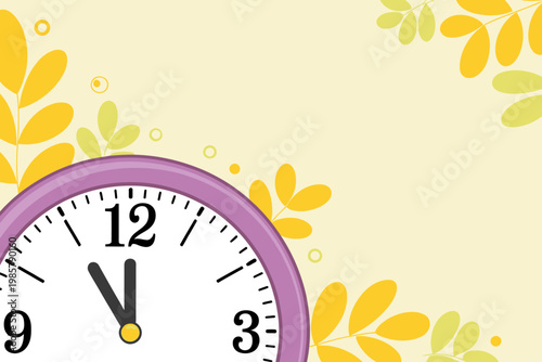 Close up of a purple framed clock face showing almost eleven oclock with decorative autumn leaves and circles