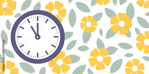 A purple clock face displays eleven oclock against a background pattern of yellow flowers and green leaves