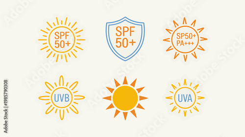 Collection of sun protection factor and UV ray shield icons with labels