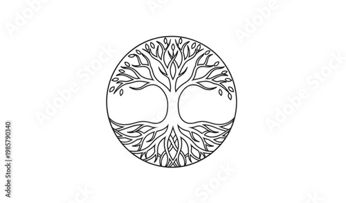 Black and White Tree of Life Illustration in Circular Design Representing Unity, Balance, and Growth for Spirituality and Wellness