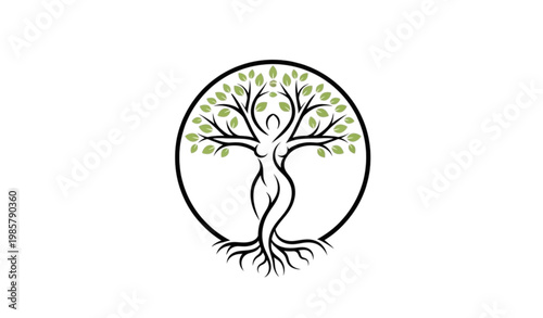 Black and Green Tree of Life Illustration in Circular Design Representing Growth, Balance, and Unity for Wellness and Spirituality
