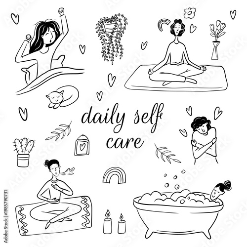 Vector illustration of girls taking care of their mental health in doodle style. Self-care, Harmony