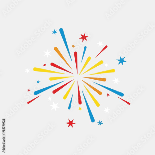 Colorful vibrant fireworks illustration featuring bright star shapes exploding outwards in a festive and joyful display of celebration energy