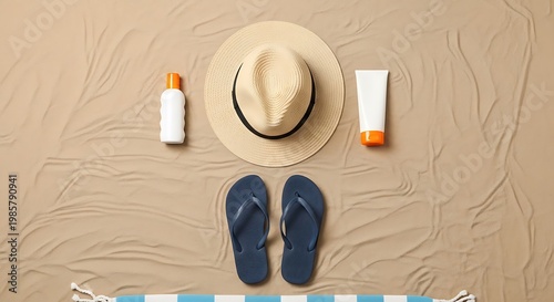 Beach vacation, summer essentials, sand background, hat, flip flops, sunscreen