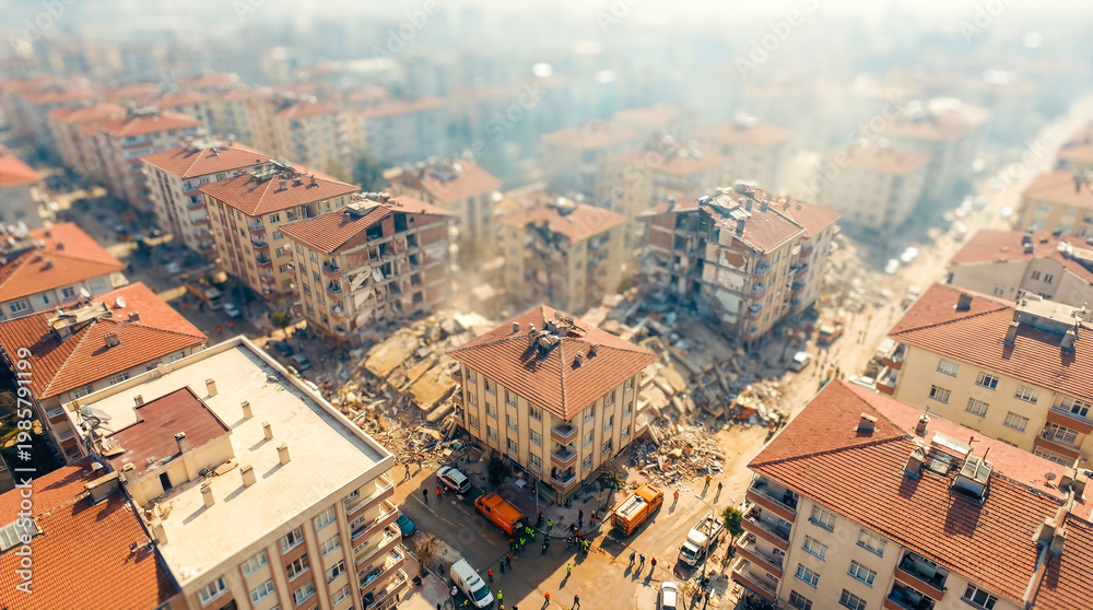 Fototapeta premium Aerial view of urban buildings damaged by earthquake, debris scattered on streets, emergency vehicles present, showcasing the aftermath of a natural disaster in a city environment