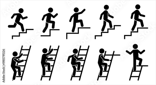 Stick figures ascending stairs and ladders representing progress and goals