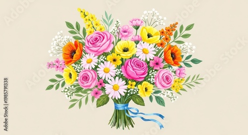Vibrant watercolor bouquet of mixed flowers with pink roses, yellow daisies, orange marigolds, and green leaves, tied with blue ribbon