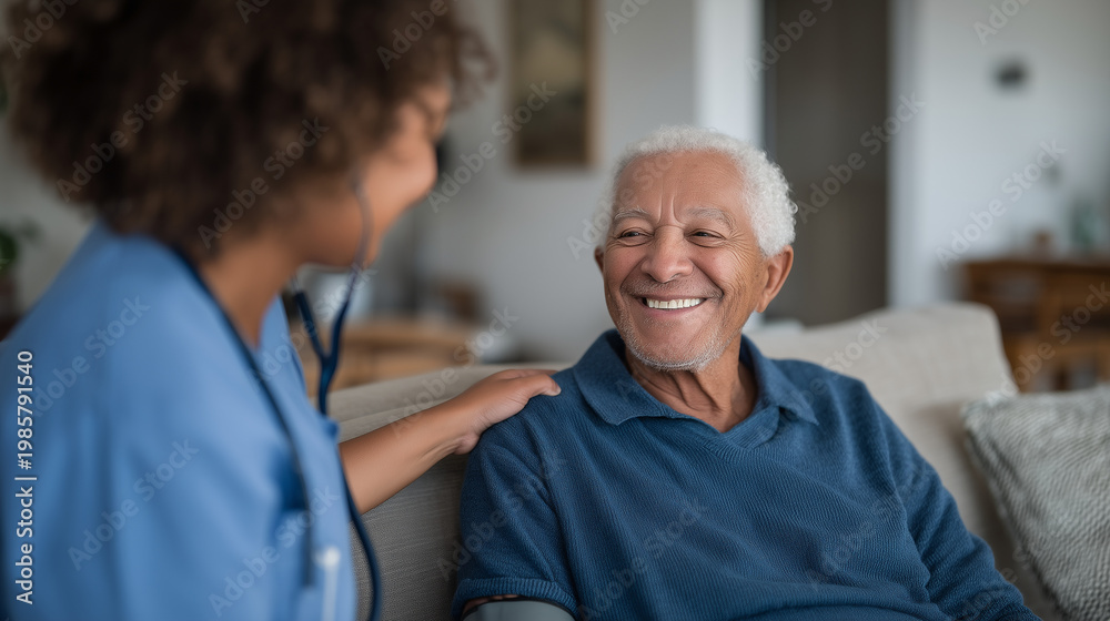 Obraz premium Biomedical technician calibrates remote patient monitoring sensor array in tidy home living room for elderly couple, spring afternoon light, connected health device installation, aging population te