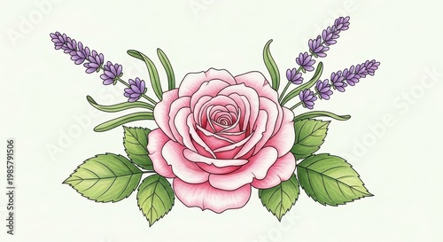 Hand-drawn watercolor pink rose with green leaves and purple lavender, delicate floral