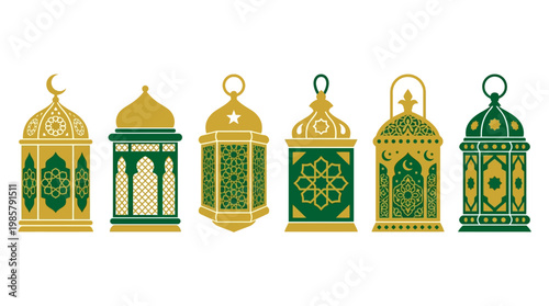 Green and gold lanterns in row.