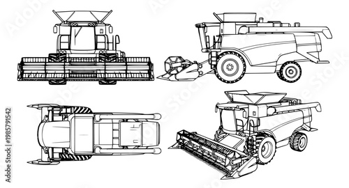 Collection of line drawings illustrating various perspectives of a combine harvester, a vital piece of agricultural machinery used for harvesting grain crops