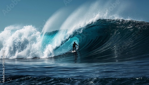 A lone surfer skillfully rides a massive, crystal-clear ocean wave, creating a breathtaking water spectacle under a bright blue sky