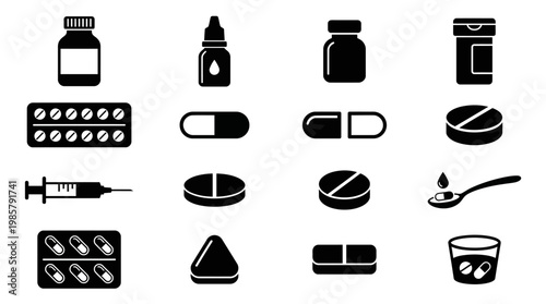 Medical pills and medicine icons set.