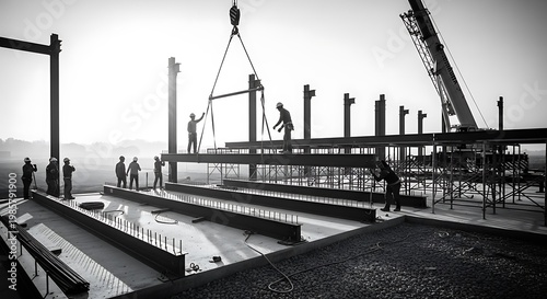 Construction site with workers and cranes.