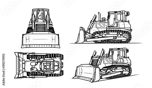 Detailed Engineering Blueprint Illustrations of a Bulldozer from Multiple Perspectives