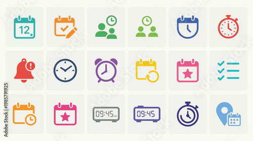 Colorful Time Management Icons Set.