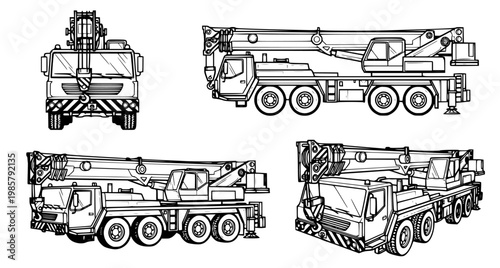 Collection of technical drawings showcasing different perspectives of a construction crane truck with multiple axles and boom