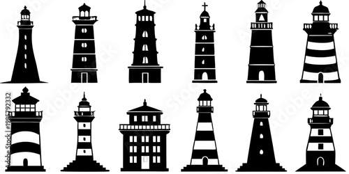 Nautical Lighthouse Silhouette Icon Set Collection Isolated on Transparent Background