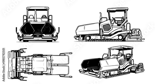 Detailed line drawings of an asphalt paver machine from multiple perspectives