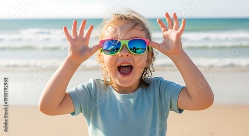 Happy child on sunny beach vacation.