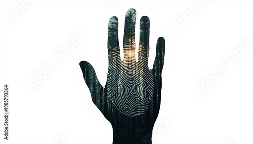 Abstract image of a human hand featuring a dense forest and intricate biometric fingerprint pattern, symbolizing the profound connection between human identity, nature, and secure digital technology