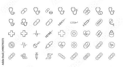 Set of hand drawn medical icons with stethoscope pill syringe heart and cross symbols in black and white
