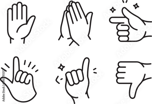 Minimalist black monoline hand gesture icon set, human outline symbols for approval, dislike, point, clap and open palm isolated on white background