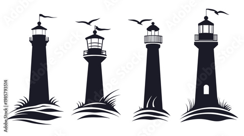 Four dark silhouette lighthouse graphics, with birds flying near, flags on top, and water/grass