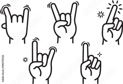Minimalist black monoline hand gesture icon set, human outline symbols for approval, dislike, point, clap and open palm isolated on white background